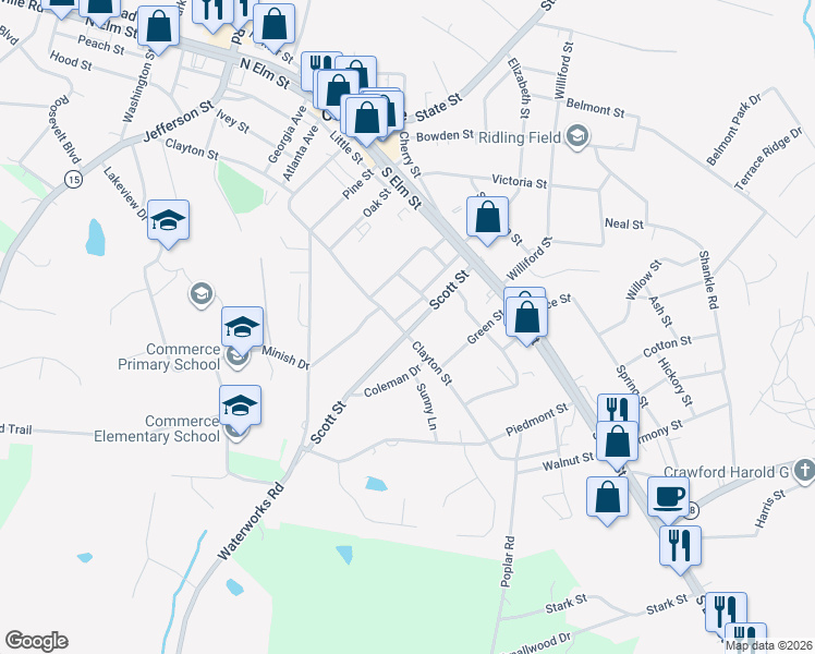 map of restaurants, bars, coffee shops, grocery stores, and more near 202 Scott Street in Commerce