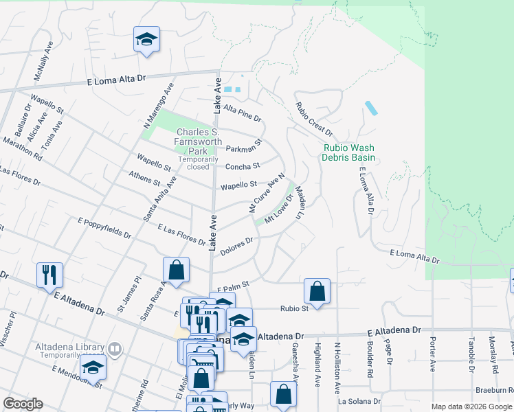 map of restaurants, bars, coffee shops, grocery stores, and more near 3044 Mount Curve Avenue in Altadena