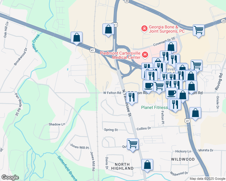 map of restaurants, bars, coffee shops, grocery stores, and more near 65 West Felton Road in Cartersville