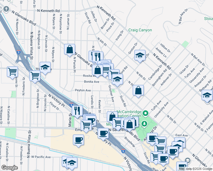 map of restaurants, bars, coffee shops, grocery stores, and more near 2025 North Glenoaks Boulevard in Burbank