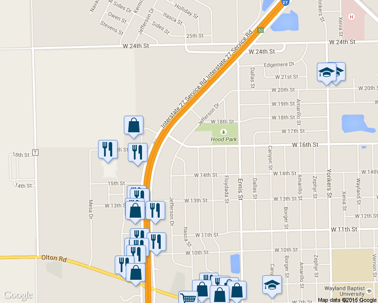 map of restaurants, bars, coffee shops, grocery stores, and more near 3505 W 16th St in Plainview