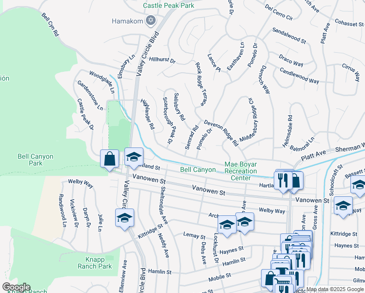 map of restaurants, bars, coffee shops, grocery stores, and more near 24206 Saint Edens Circle in Los Angeles