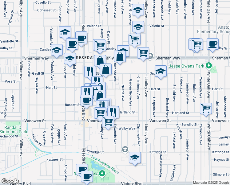 map of restaurants, bars, coffee shops, grocery stores, and more near 6946 Etiwanda Avenue in Los Angeles