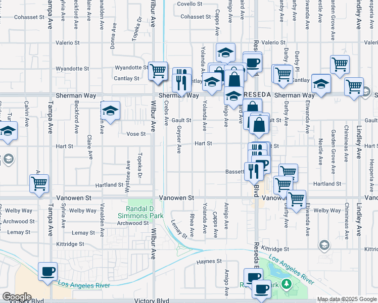 map of restaurants, bars, coffee shops, grocery stores, and more near 6943 Rhea Avenue in Los Angeles