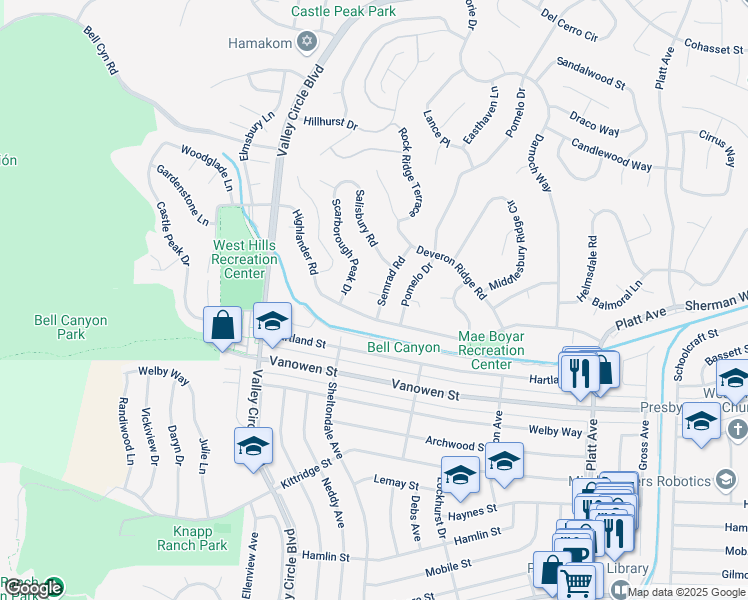 map of restaurants, bars, coffee shops, grocery stores, and more near 6946 Semrad Road in Los Angeles
