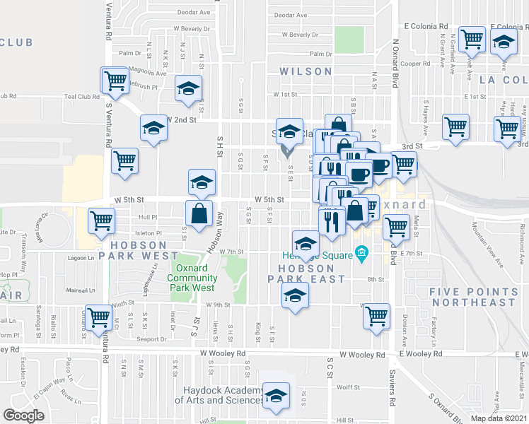 map of restaurants, bars, coffee shops, grocery stores, and more near 540 South G Street in Oxnard