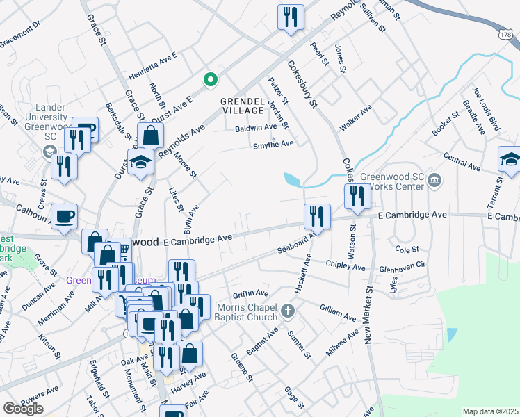 map of restaurants, bars, coffee shops, grocery stores, and more near 437 Cambridge Rd in Greenwood