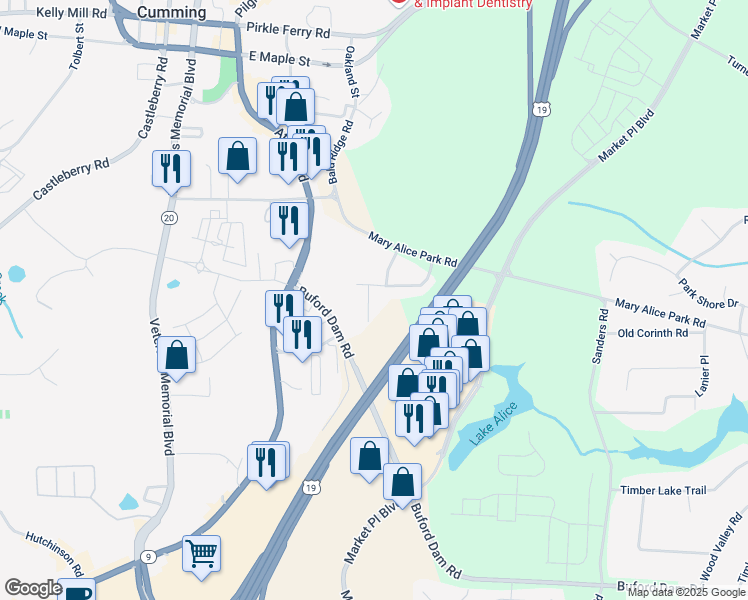 map of restaurants, bars, coffee shops, grocery stores, and more near 535 Shamrock Drive in Cumming