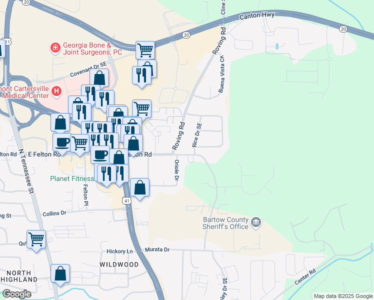 map of restaurants, bars, coffee shops, grocery stores, and more near 224 East Felton Road in Cartersville