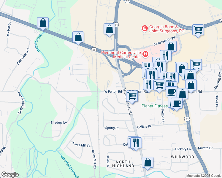 map of restaurants, bars, coffee shops, grocery stores, and more near 71 West Felton Road in Cartersville