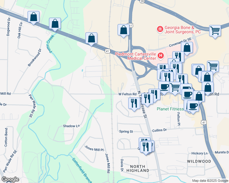 map of restaurants, bars, coffee shops, grocery stores, and more near 71 West Felton Road in Cartersville