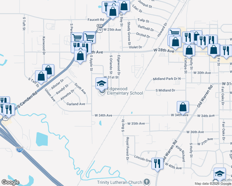 map of restaurants, bars, coffee shops, grocery stores, and more near 2918 Edgewood Drive in Pine Bluff