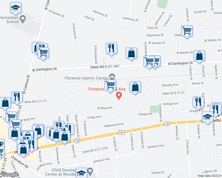 map of restaurants, bars, coffee shops, grocery stores, and more near 149 North Edisto Drive in Florence
