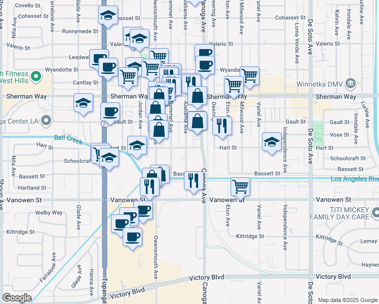 map of restaurants, bars, coffee shops, grocery stores, and more near 6952 Alabama Avenue in Los Angeles