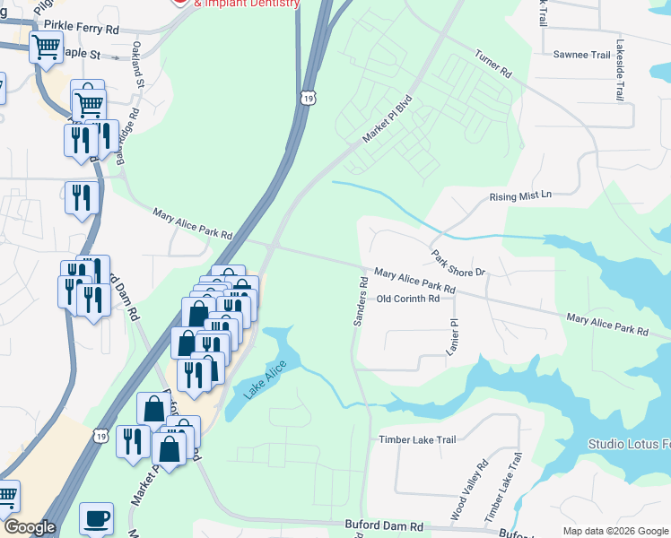 map of restaurants, bars, coffee shops, grocery stores, and more near 380 Mary Alice Park Road in Cumming