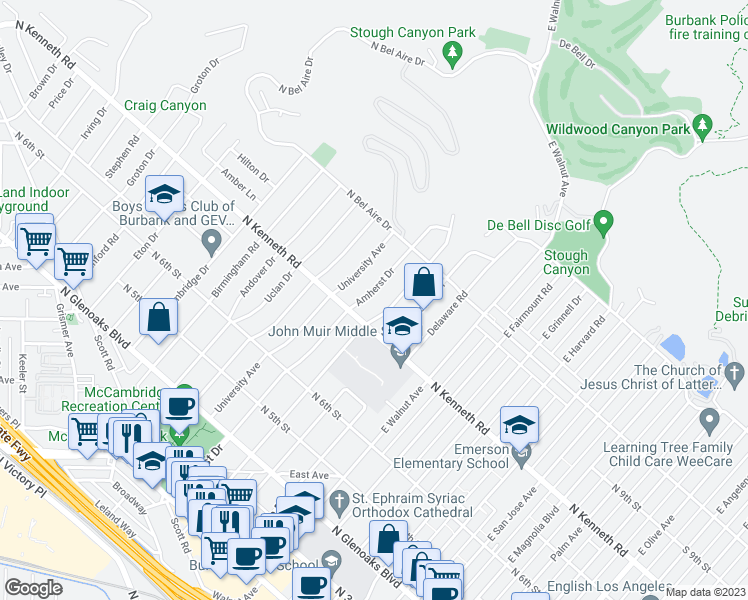 map of restaurants, bars, coffee shops, grocery stores, and more near 824 Amherst Drive in Burbank