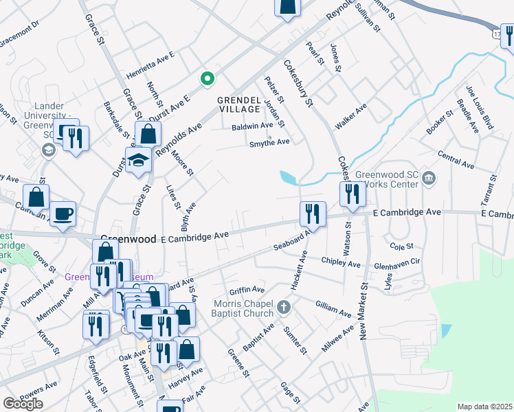 map of restaurants, bars, coffee shops, grocery stores, and more near 437 East Cambridge Avenue in Greenwood