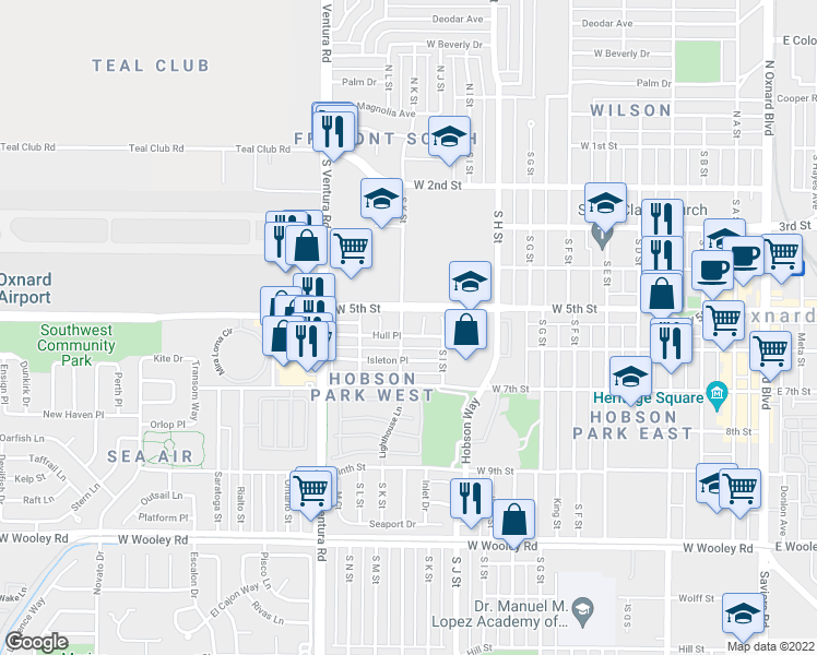 map of restaurants, bars, coffee shops, grocery stores, and more near 530 South K Street in Oxnard