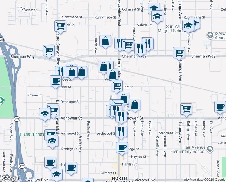 map of restaurants, bars, coffee shops, grocery stores, and more near 6946 Simpson Avenue in Los Angeles