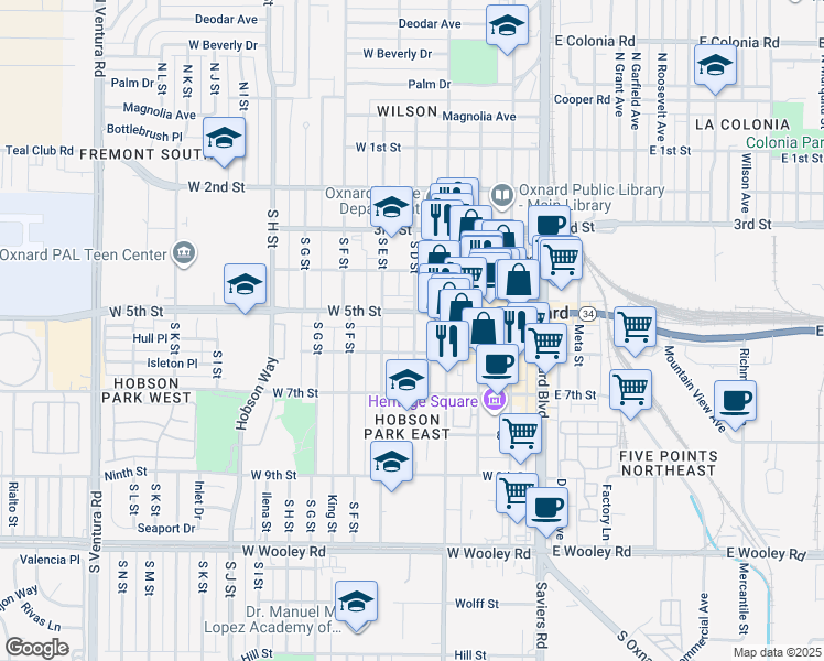 map of restaurants, bars, coffee shops, grocery stores, and more near 529 South D Street in Oxnard