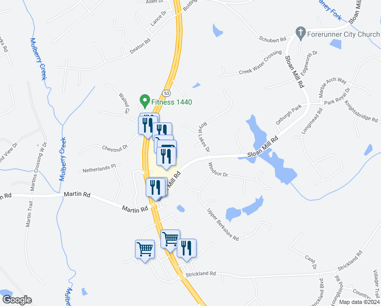 map of restaurants, bars, coffee shops, grocery stores, and more near 4611 Cromwell Court in Flowery Branch
