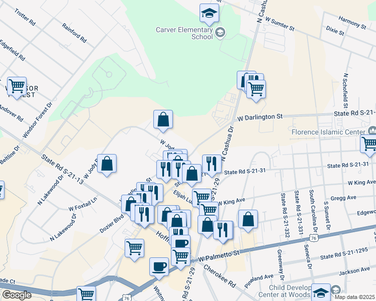 map of restaurants, bars, coffee shops, grocery stores, and more near 1947 West Darlington Street in Florence