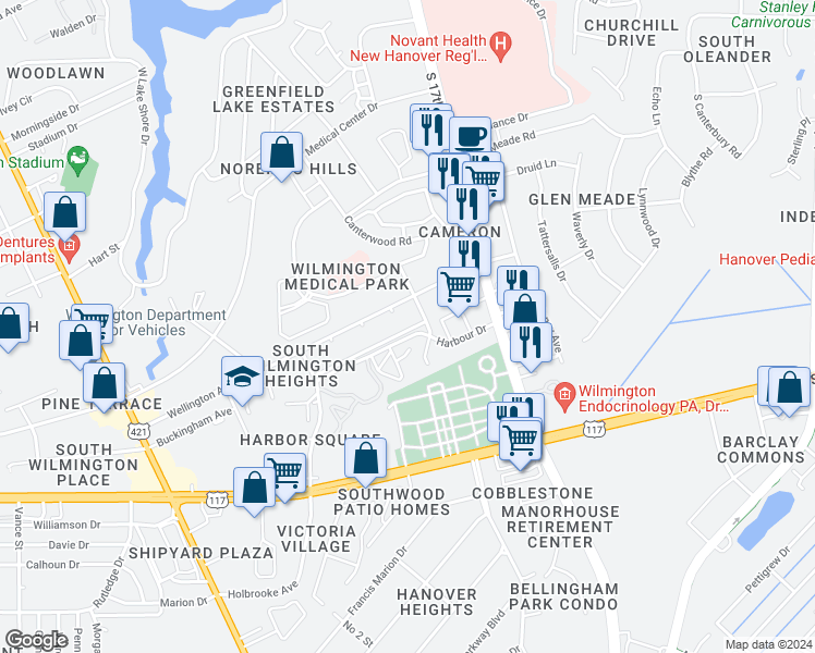 map of restaurants, bars, coffee shops, grocery stores, and more near 1427 Buckingham Avenue in Wilmington