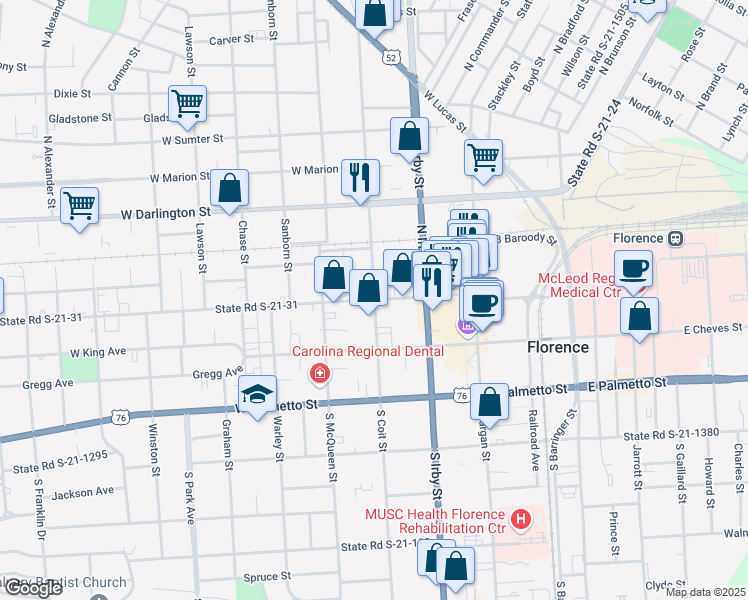 map of restaurants, bars, coffee shops, grocery stores, and more near W Evans St & N Coit St in Florence