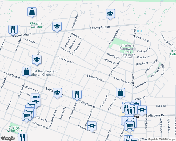 map of restaurants, bars, coffee shops, grocery stores, and more near 306 East Las Flores Drive in Altadena