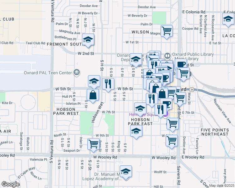 map of restaurants, bars, coffee shops, grocery stores, and more near 530 South G Street in Oxnard