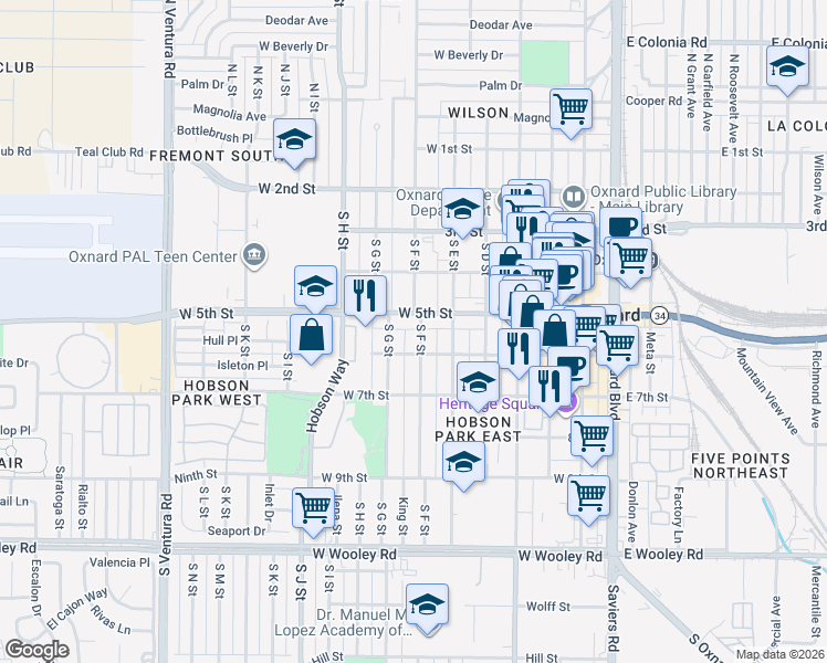 map of restaurants, bars, coffee shops, grocery stores, and more near 531 South F Street in Oxnard