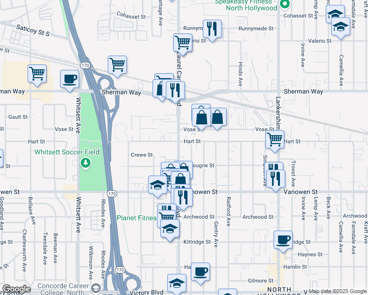 map of restaurants, bars, coffee shops, grocery stores, and more near 6938 Laurel Canyon Boulevard in Los Angeles