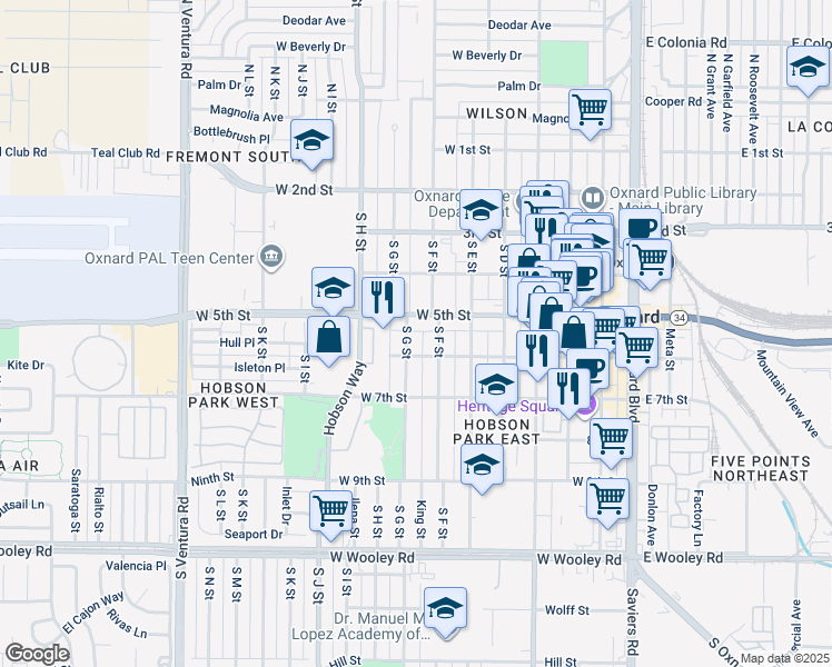 map of restaurants, bars, coffee shops, grocery stores, and more near 530 South G Street in Oxnard