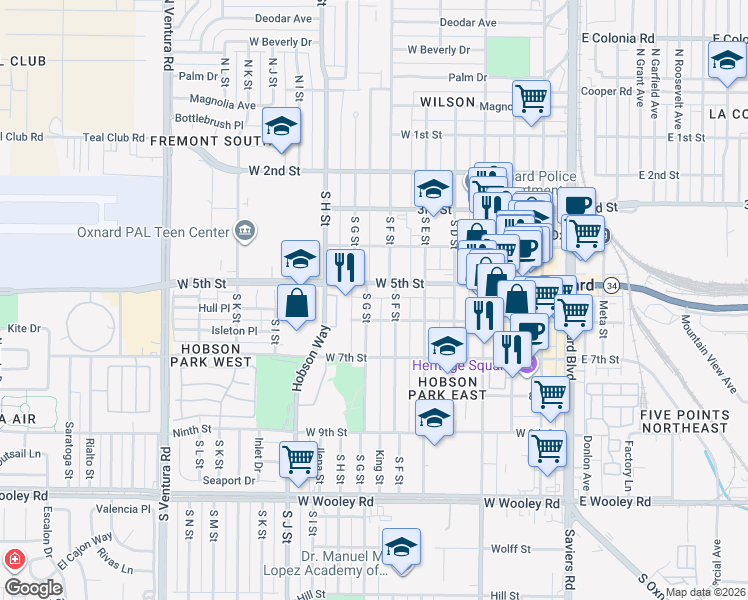 map of restaurants, bars, coffee shops, grocery stores, and more near 530 South G Street in Oxnard