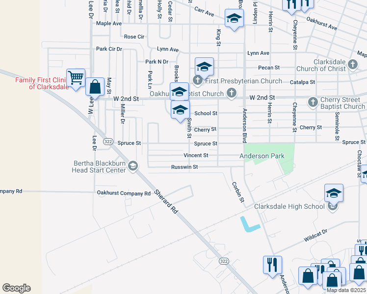 map of restaurants, bars, coffee shops, grocery stores, and more near 1010 Spruce Street in Clarksdale
