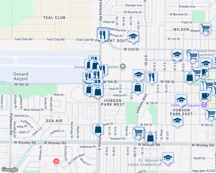map of restaurants, bars, coffee shops, grocery stores, and more near 2 M Street in Oxnard
