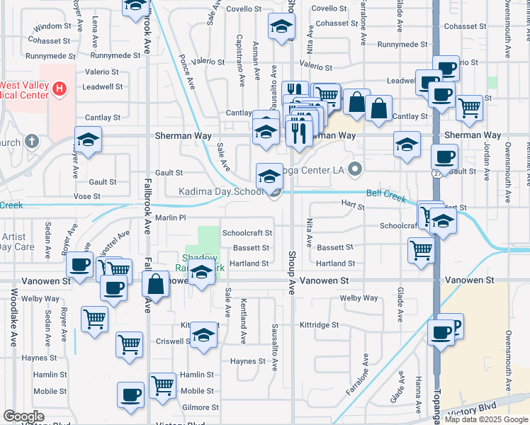map of restaurants, bars, coffee shops, grocery stores, and more near 22447 Marlin Place in Los Angeles