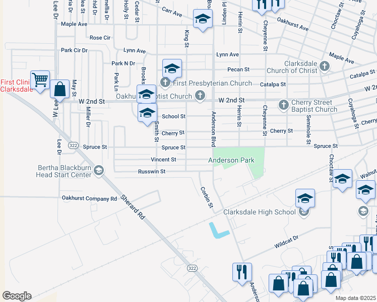 map of restaurants, bars, coffee shops, grocery stores, and more near 846 Spruce Street in Clarksdale
