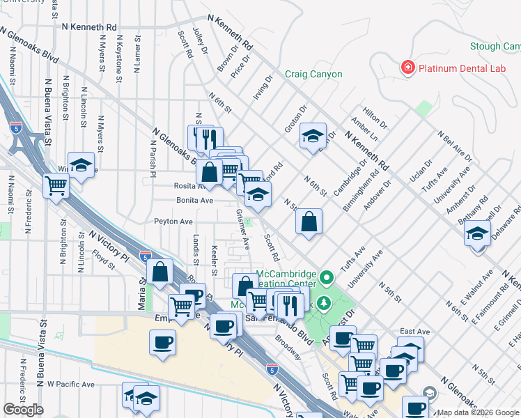 map of restaurants, bars, coffee shops, grocery stores, and more near 407 Eton Dr in Burbank