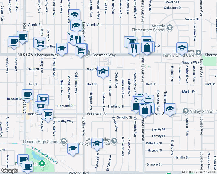 map of restaurants, bars, coffee shops, grocery stores, and more near 6946 Bertrand Avenue in Los Angeles