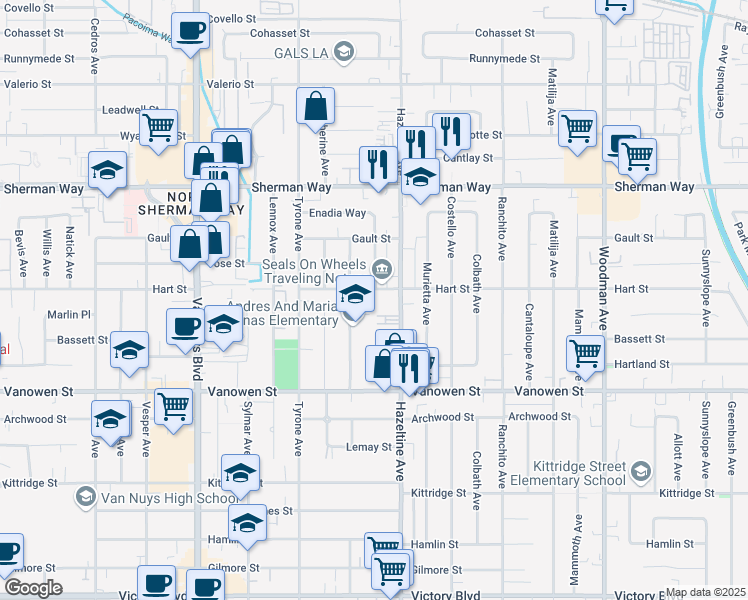 map of restaurants, bars, coffee shops, grocery stores, and more near 14130 Hart Street in Los Angeles