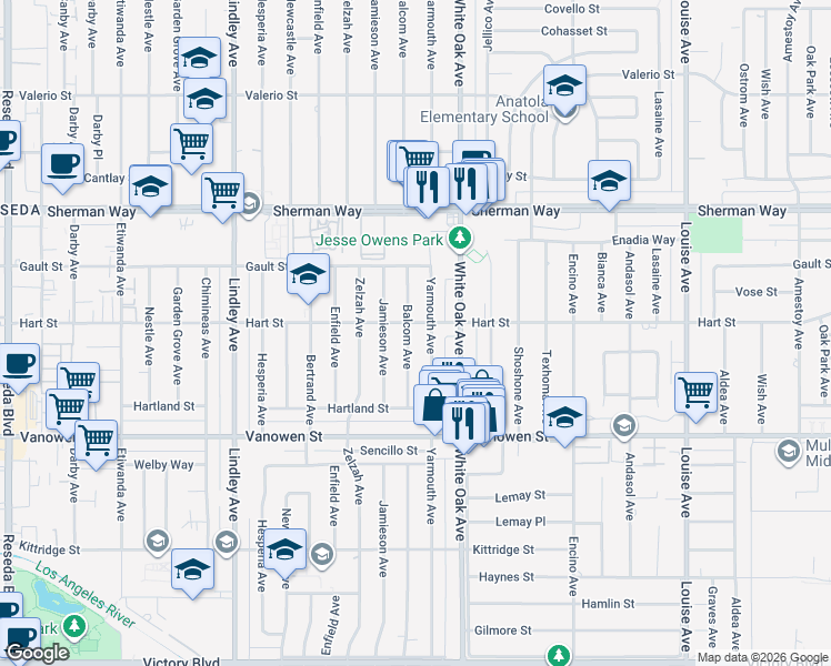 map of restaurants, bars, coffee shops, grocery stores, and more near 6954 Balcom Avenue in Los Angeles