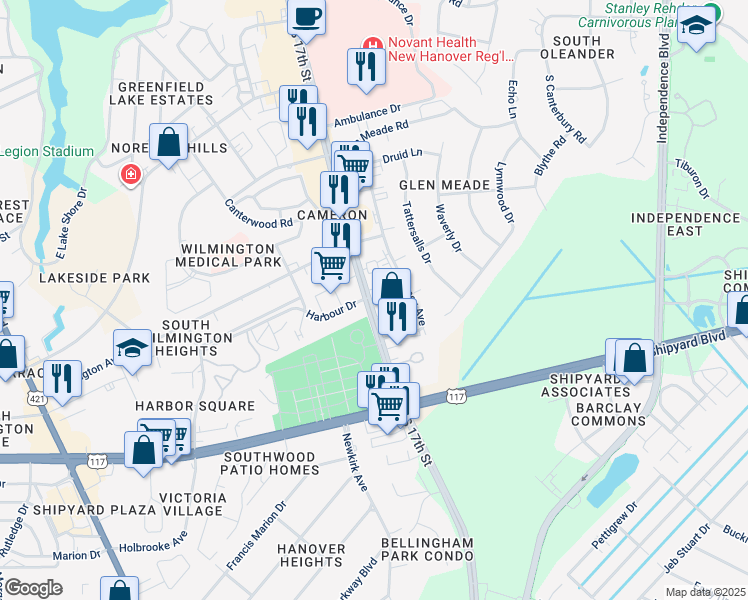 map of restaurants, bars, coffee shops, grocery stores, and more near 2505 South 17th Street in Wilmington