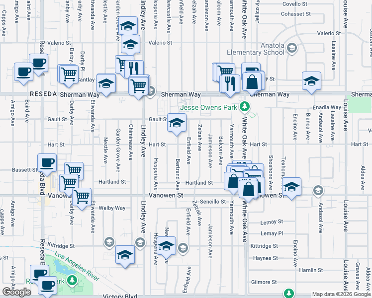 map of restaurants, bars, coffee shops, grocery stores, and more near 6953 Enfield Avenue in Los Angeles