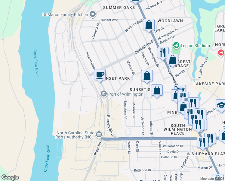 map of restaurants, bars, coffee shops, grocery stores, and more near 2176 Harrison Street in Wilmington