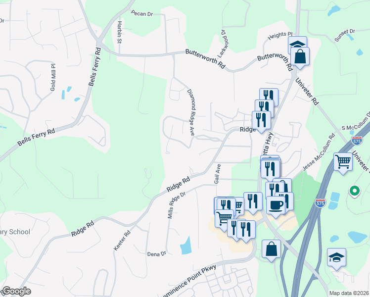 map of restaurants, bars, coffee shops, grocery stores, and more near 217 Diamond Valley Pass in Canton