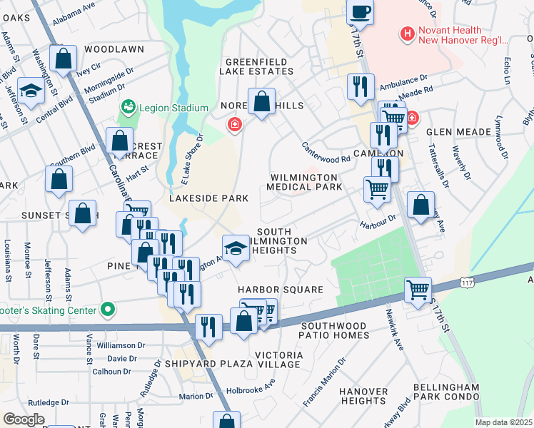 map of restaurants, bars, coffee shops, grocery stores, and more near 1406 Physicians Drive in Wilmington