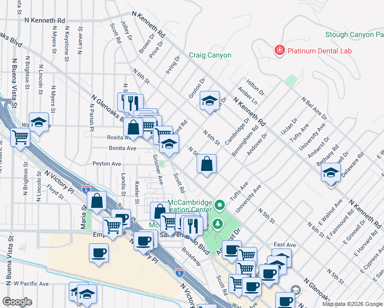 map of restaurants, bars, coffee shops, grocery stores, and more near 441 Dartmouth Road in Burbank