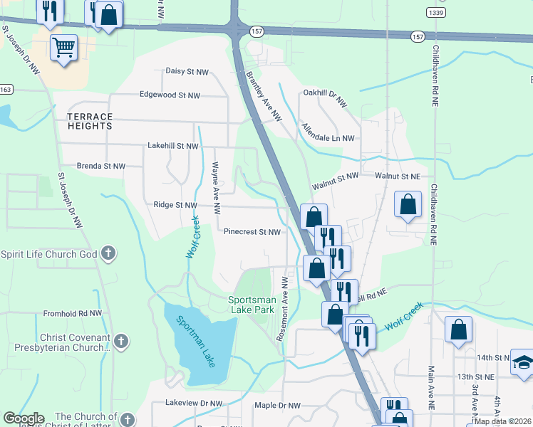 map of restaurants, bars, coffee shops, grocery stores, and more near 1514 Ridge Street Northwest in Cullman