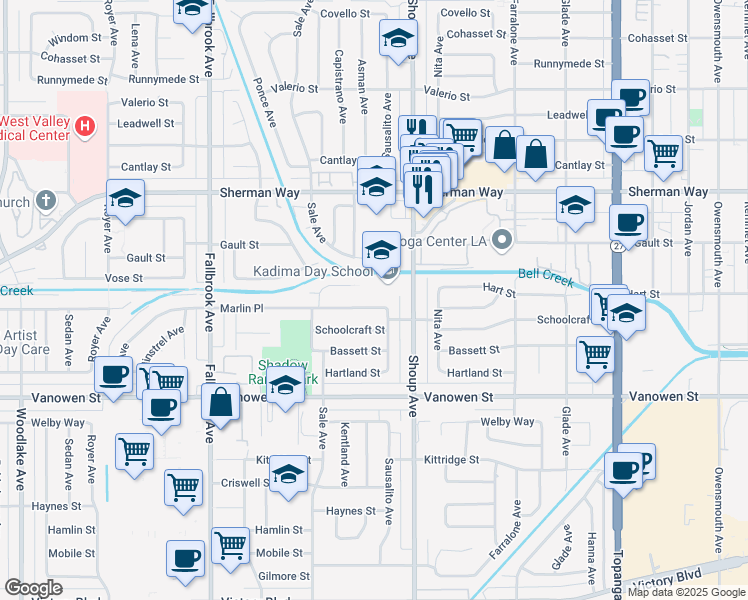 map of restaurants, bars, coffee shops, grocery stores, and more near 22447 Marlin Place in Los Angeles